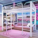 Cama alta de 140 x 200 cm con tira luminosa LED y barra para colgar ropa,...