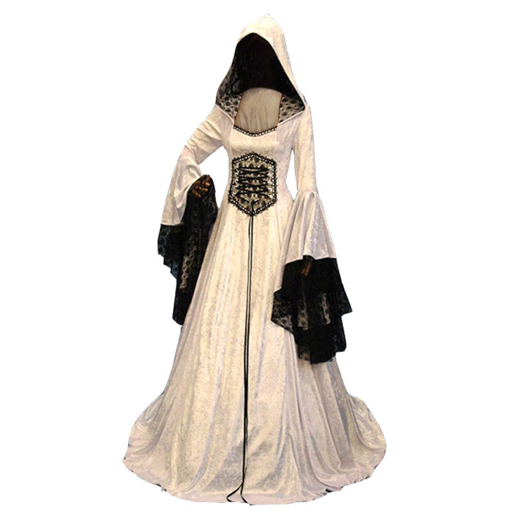 JURTEE Fashion Women's Dress Ladies Medieval Vintage Style Solid Oversize Hooded Dress (Medium, White-2)