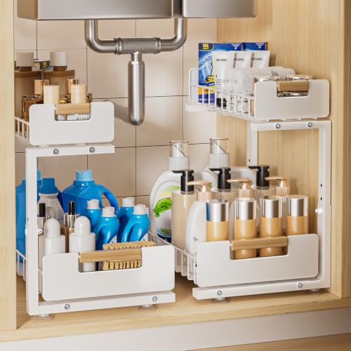 Delamu 2-Pack Under Sink Organizer, 2 Tier Pull out Under the Kitchen Sink Storage, Slide out Cabinet Organizer Shelf, Metal Sliding Drawer for Bathroom Pantry Closet Organization Rack, White