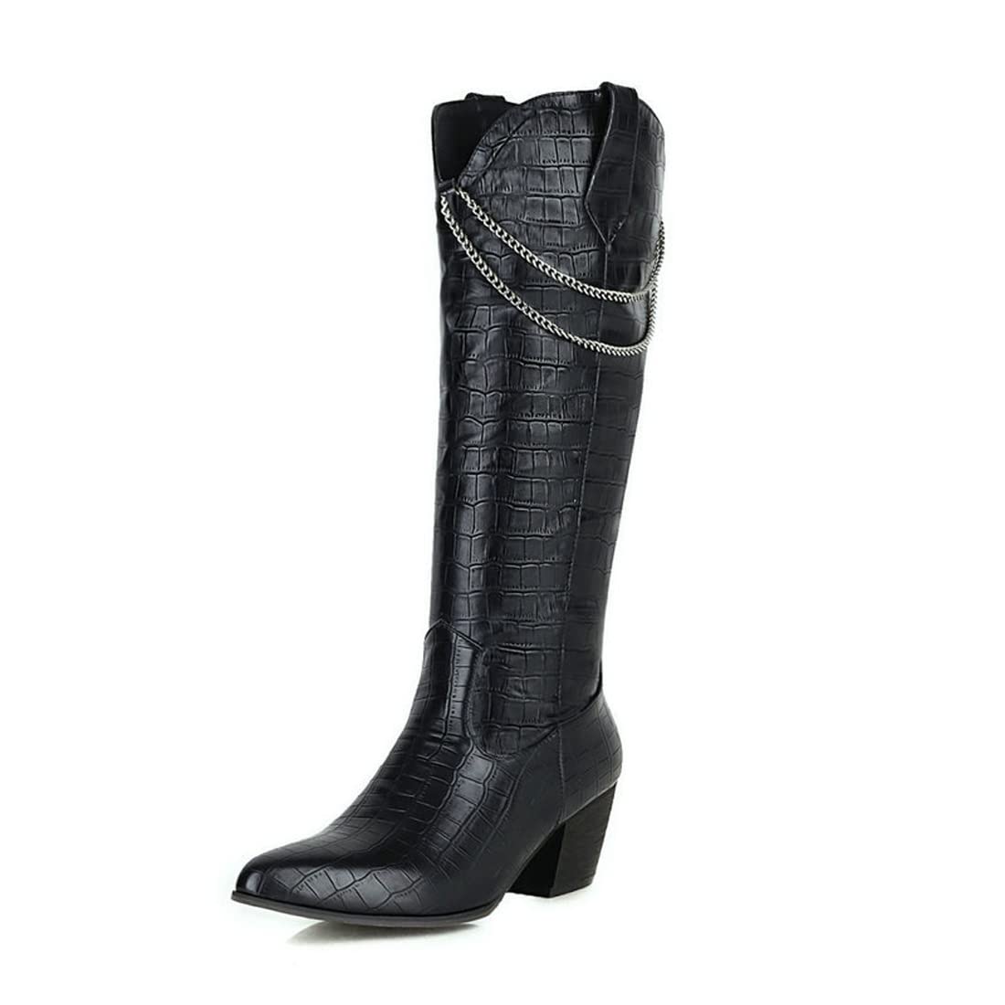 Botas De Vaquero De Tacón Ancho para Mujer Botas De Media Pantorrilla con Punta En Punta con Cadena