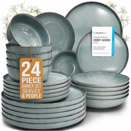24 piece Dinner Sets for 6 People - Beautiful Country Style Stoneware Dinner Set for 6 - Dishwasher & Microwave Safe Plates and Bowls Set for 6 - Dinnerware Sets by Pure Living in Smoky Blue