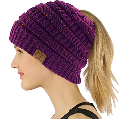 CC Ponytail Messy Bun BeanieTail Soft Winter Knit Stretch Beanie Hat (Confetti Purple) - image 1