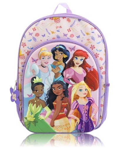 Mochila Disney Princess para meninas | Mochila escolar de 40 cm com frente moldada em 3D, gráficos Cinderela Ariel Moana e Rapunzel, pingente de coroa de princesa | Mochila infantil fofa | A partir de