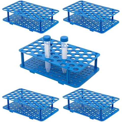 CryoKing 5PCS 50-Well Centrifuge Tube Rack for 15ml Vials, Plastic, Detachable Stand, Blue, Individual Package Cover