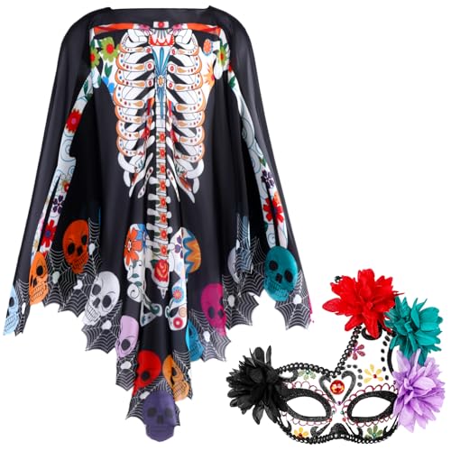 Coume 2 Pieces Skeleton Halloween Costume Chiffon Skeleton Cape Poncho for Women Day of the Dead Poncho Skull Masquerade Mask Masque Fancy Dress for Halloween