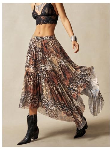 Women's Leopard Long Skirt Vintage Cheetah Low Rise Ruffle Asymmetrical Flowy Skirt4
