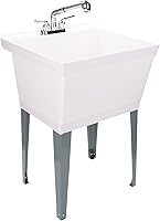 White Utility Sink Laundry Tub with Pull-Out Chrome Faucet & Sprayer - Heavy Duty Freestanding Slop Sink for Basement, Garage, Laundry Room