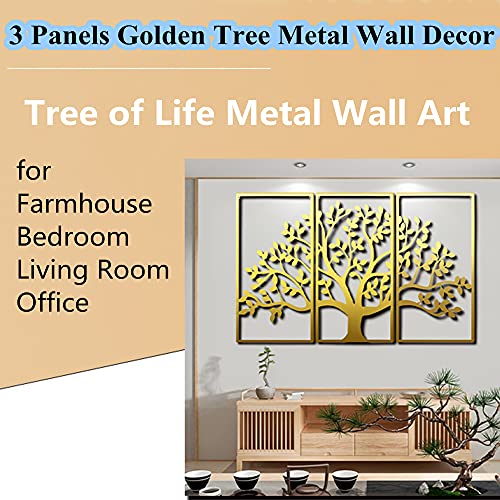 Golden Metal Wall Art, Tree Of Life 3 Pieces, Metal Tree Wall Decor, Wrought Iron Wall Sculpture, Interior Home Decoration, 3 Panels Wall Hangings,60"X39" (153X99Cm) #TOP2