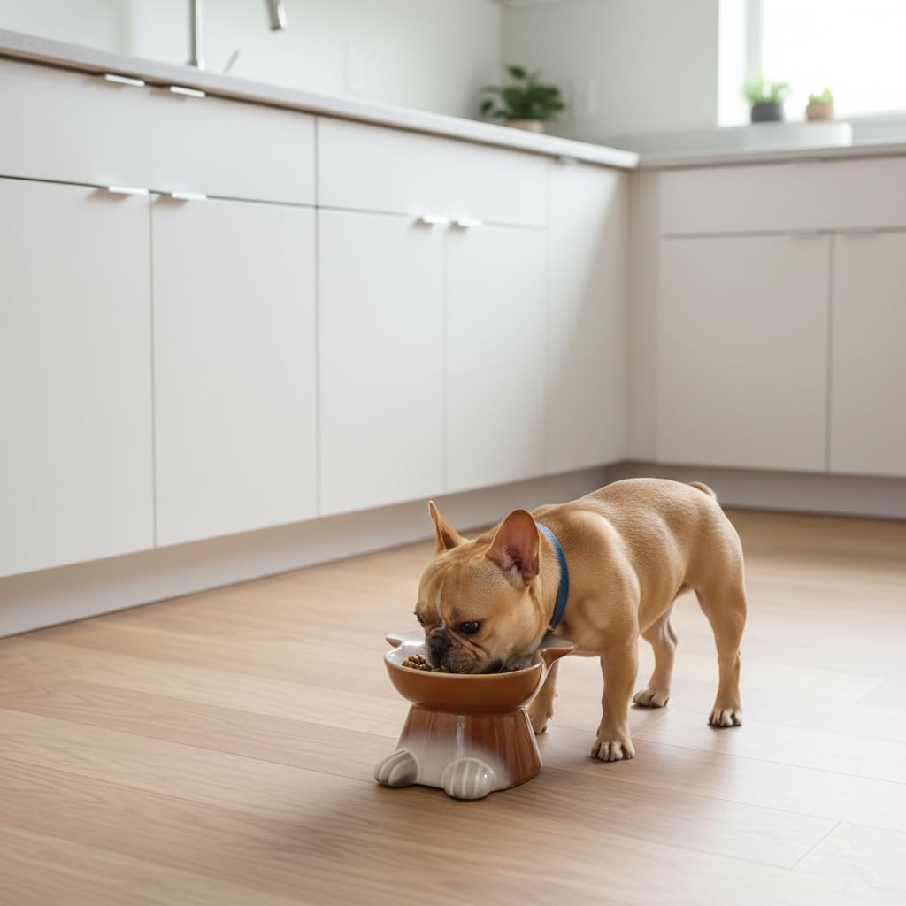 Nihow Elevated Ceramic Dog Bowls: 6.5 Inch Raised Dog Bowl for Food & Water - Food Safe Bowl for Medium/Small Size Dogs - Brown Puppy Bowls for Protecting Pet's Spine（1 PC）