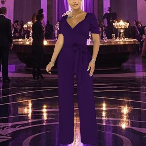 Image of PaladMom Womens Elegant Plus Size Jumpsuits Sexy Back zipper Short Sleeve Mid Waist Wide Leg Straight Rompers