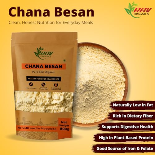 Image of Rav Organics Certified Organic Chana Besan (Bengal Gram Flour) | Stone-Ground & Unrefined Chana Atta| Pesticide Free Fine Chana Dal Flour | 100% Natural, Non-GMO | No Chemicals or Preservatives | 800 g Pouch
