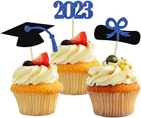 2023 Glitter Graduation Cupcake Topper, 48 PCS Blue Cake Decorations 2023 Diploma Grad Cap Cake Toppers Food Picks for Graduation Party Supplies