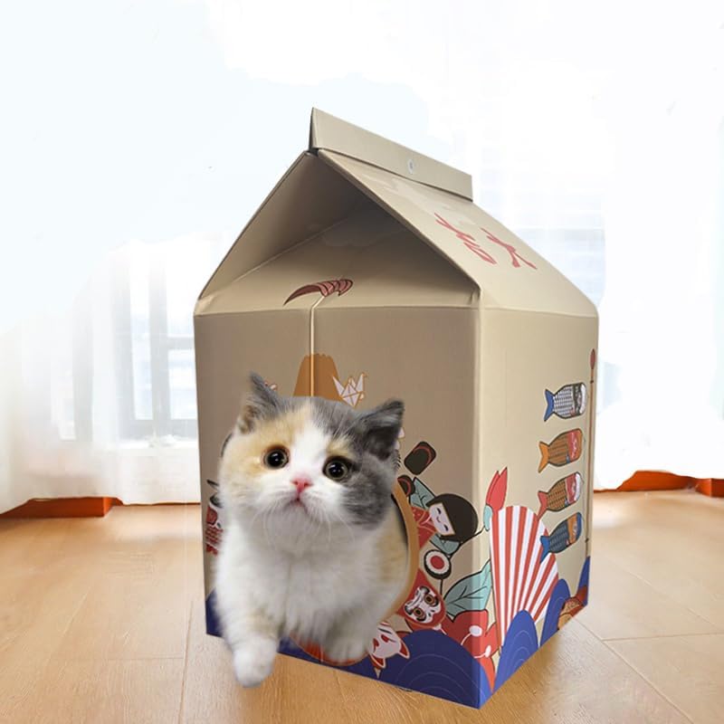 review Cardboard Cat House with Scratchboard (21.6''x13''x13'') Cat Playhouse and Home Decor Cat Condo, Bed, Toys, Cat Izakaya Bar Scratchboard House for Outdoor/Indoor Cats Easy to Assemble