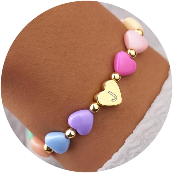 Valentines Day Gifts for Kids Women Girls, Initial Heart Bracelets for Teen Girls Women Bulk, Cute Preppy Letter A-Z Charm Bracelet, Colorful Personalized Happy 3-18 Year Old Birthday Gifts for Daughter, Lover, Sisters, Toddler
