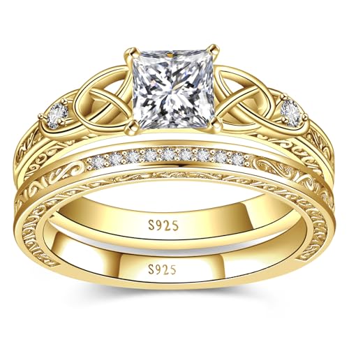 Image of Vintage Celtic Knot Women's Engagement Ring Sets 925 Sterling Silver /14K Gold Plated Stackable Wedding Bands Rings AAAAA Cubic Zirconia Women Bridal Sets Wedding Ring Band Width 1.8mm Size 5-9