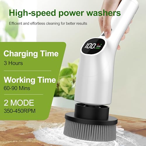 Image of Electric Spin Scrubber, Shower Scrubber with Long Handle Adjustable LCD Display, 2 Speed Shower Cleaner, 7 Replaceable Brush Heads Bathroom Cleaning Brush, Bath Tub Power Scrubbers White G3