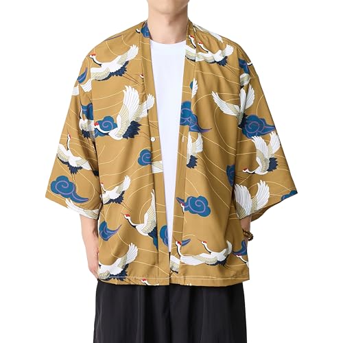 PRIJOUHE Men's Lightweight Kimono Jacket - Open Front, Long Sleeve, Japanese Style Cardigan (S-2XL)