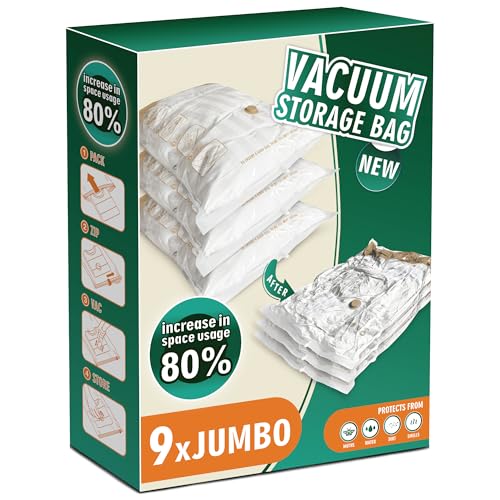 STORAGE MASTER Pack of 9 Jumbo Size Space Saver Bags for Travel and Home Reusable Vacuum Storage Bags Save 80% More Storage Space Work with Vacuum Cleaner (No Pump)