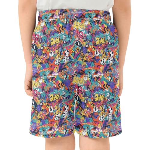 JUNZAN Cartoon Graffiti Athletic Shorts for Boys with Pockets Active Short Pants Youth Boy Basketball Shorts3