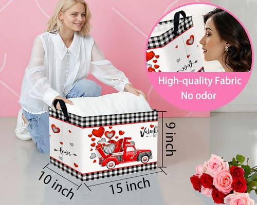 Image of Valentines Day Basket for Kids Heart Shaped Empty Storage Bins for Gifts with Handles Room Decor (Black Checkered Red Truck)
