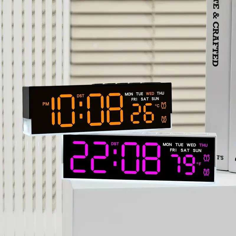 Image of LED Digital Alarm Clock | Time & Day Display | Dual Alarms, Adjustable Brightness, USB Powered, Modern Clock for Bedroom & Home | Orange