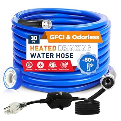 XPORTION 30FT(10-50FT) Heated Drinking Water Hose, -50°F-46°C Heated Water Hose for RV with Leakage Protection for 5/8" Inner, Self-Regulating Hose Water Heater with 3/4" NH Fittings for RV & Garden