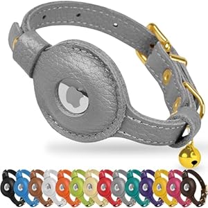 AirTag Cat Collar with Bell – Non Breakaway Leather Kitten Collar with Apple Air Tag Holder – Lightweight Integrated GPS Pet Collars for Girl Boy Cats, Small Dogs, Puppies (Gray)