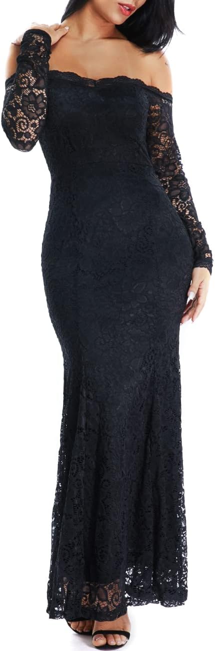 LALAGEN Women's Floral Lace Long Sleeve Off Shoulder Wedding Mermaid Dress