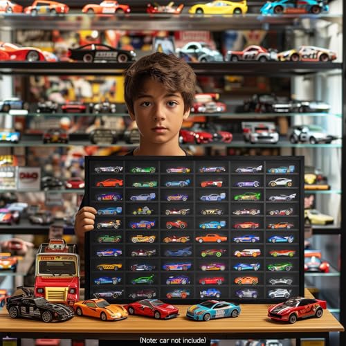 Image of Wooden Wall Mount Display Case for Hot Wheels with Dust Resistant Acrylic Door ,Matchbox 1 /64 Scale Diecast Model Cars Display Storage Organizer Case, Stores up to 60 Cars