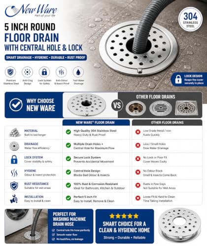 Image of NEW WARE 5 Inch Round Stainless Steel Floor Drain with Central Hole & Lock | Heavy Duty Anti Clog Chrome Finish SS Drain Jali for Bathroom, Kitchen, Balcony, Utility, Terrace & Outdoor Drain Cover