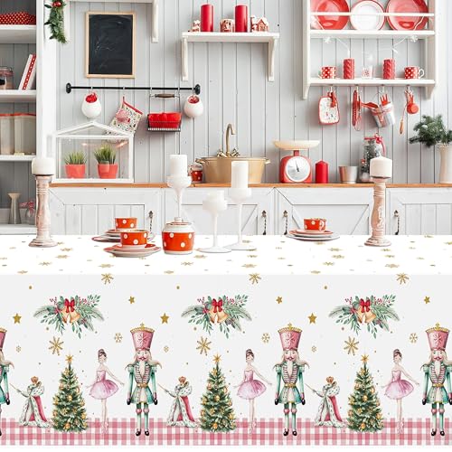 Image of 3 Packs Nutcracker Plastic Tablecloth Decorations, Pink Plaid Nutcracker Christmas Tree Disposable Waterproof Table Covers, Nutcracker Soldier Tablecloth for Dining Table Party Supplies
