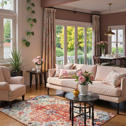 Lahome-Bohemian-Floral-Medallion-Area-Rug-4×6-Oriental-Distressed-Bedroom-Rug-Country-Vintage-Faux-Wool-Indoor-Throw-Mat-Non-Slip-Washable-Low-Pile-Carpet-for-Bathroom-Living-Kitchen-Laundry-Room Lahome Bohemian Floral Medallion Area Rug 4×6 Oriental Distressed Bedroom Rug Country Vintage Faux Wool Indoor Throw Mat Non Slip Washable Low Pile Carpet for Bathroom Living Kitchen Laundry Room