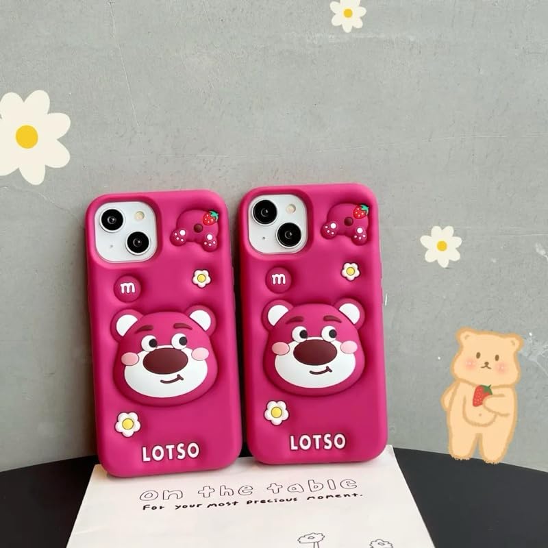 Image of COVERLY for iPhone 14 Plus 3D Cartoon LOTSO Bear Case,Full Protective Huggin Strawberry Toy Story Walt Back Case with Holder Cute Soft Silicone Fashion Aesthetic Cover for Apple iPhone 14 Plus