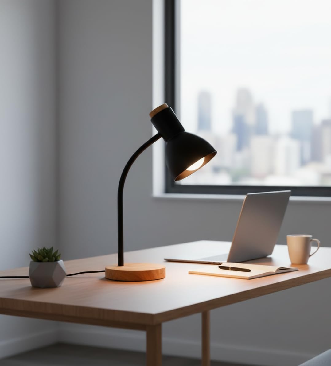 BEL AIR HOME | Lámpara flexo de escritorio ARGOS | 40 cm, negro, madera natural y metal | Cuello flexible, base antideslizante, cable con interruptor | Iluminación eficiente y elegante