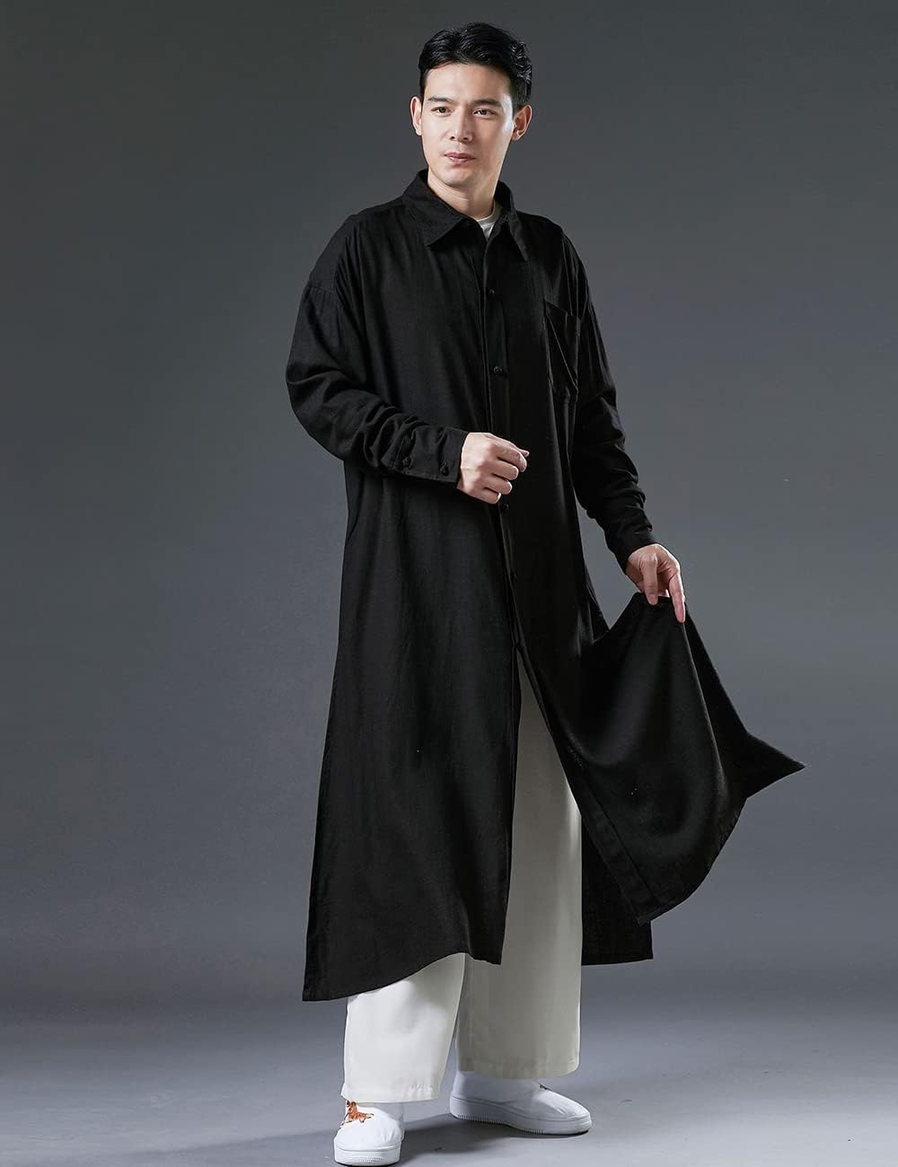 Ystylee Men Lightweight Cotton Linen Lapel Shirt Trench Coats Loose Button Up Pockets Long Length Shirt Jacket Shacket