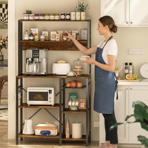 Image of 5-Tier Kitchen Storage Rack | Microwave Stand with Organizer | Kitchen Shelf Unit | Coffee Bar Organizer | Heavy Duty Metal & Wood Cabinet | Rustic Brown | 90x40x150 cm