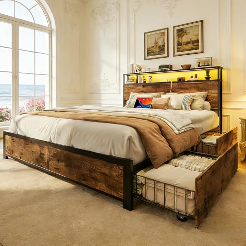 Opiniones de Base para Cama King Size Con Cajones disponible en línea. 50 MAMALAND Base para Cama Reforzad Matrimonial Size con Cajones y Led, Estación de Carga, Espacio de Almacenamiento, Recamara