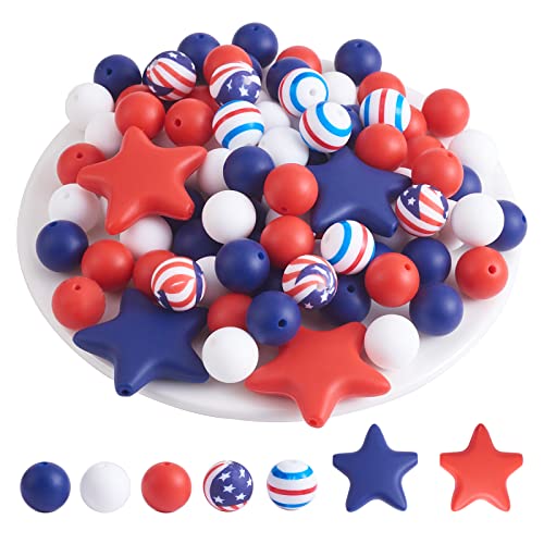BEEFLYING 4Th of July Silicone Beads for Bracelets, Red White Blue, 104 Pcs