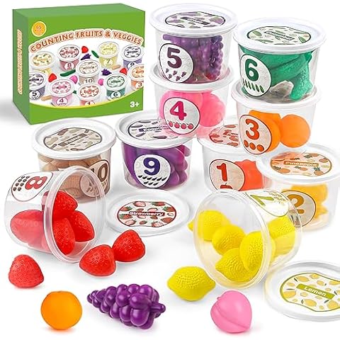 Joyreal Color Sorting Toys Play Food Sorters Tubs with Fruits and Vegetables, 65 Pieces One to Ten Counting Sorting Learning Toys, Preschool Pretend Play Toys for Toddlers Cover