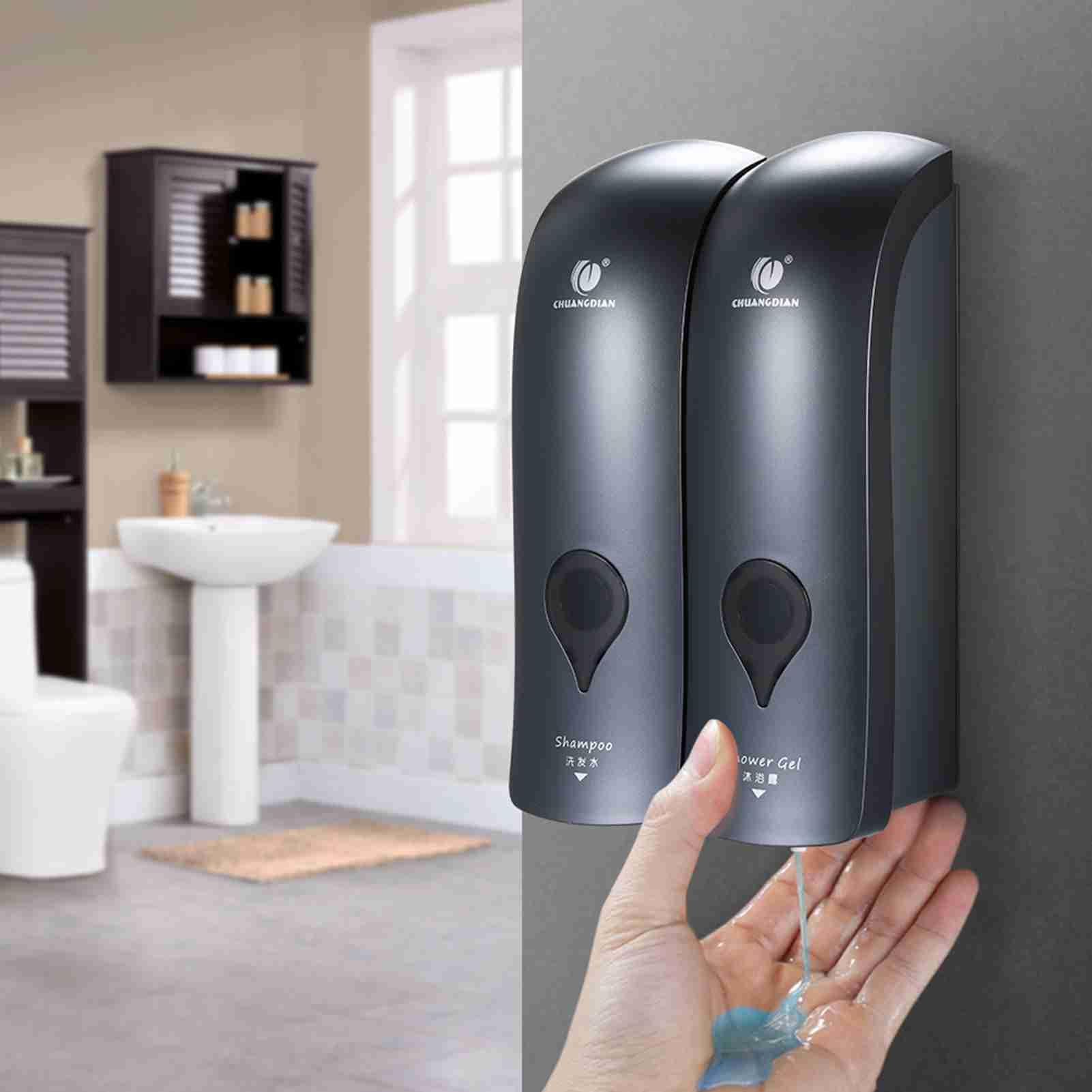 Dispenser di Sapone Fissaggio a Parete, Ricaricabile Parete a Doppia Testa, Senza Fori, Dispenser Manuale per Sapone da Bagno, Gel Doccia,Liquido Shampoo(300 ml × 2)