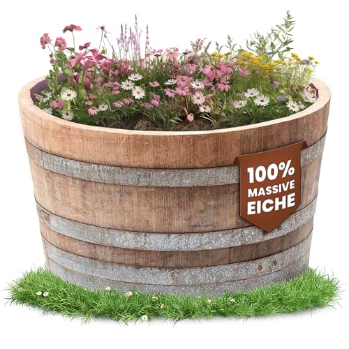 Temesso Holzfass, gebrauchtes Weinfass halbiert aus Eichen-Holz Fass als Pflanzkübel oder Miniteich (D70 H40 cm 100 Liter)