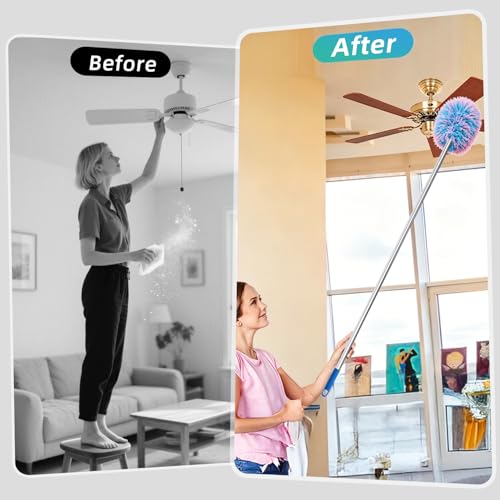 Image of DRQ Ceiling Fan Cleaner Duster, 2 Pack Reusable Microfiber Duster with Extension Pole, 13 to 50 Inch Fan Blade Cleaner, Removable Dusters for Cleaning Walls Bookshelves Door Window Top (Blue Pink)