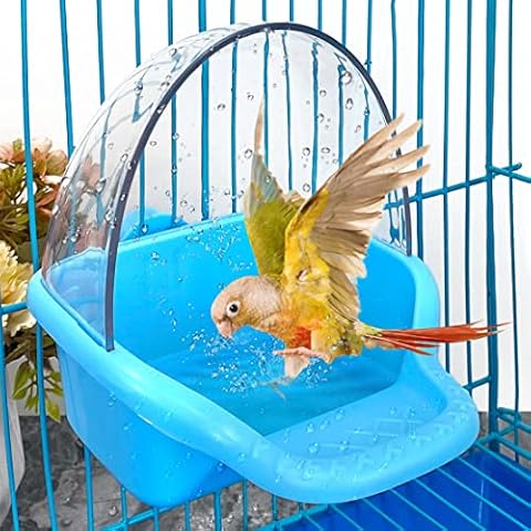 Bird Bath Box Hanging Birdbath Toy Parakeet Caged Bathing Tubs Parrot Bath Tub Water Shower Food Feeder Holder Tray Bird Baths for Birdcages Accessory Small Birds Parrots Cockatiel Budgies (Blue) Cover