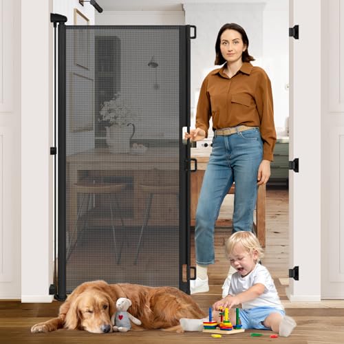 Image of 65” Extra Tall Dog Gates for Doorways 55” Wide Retractable Baby Gates for Dogs Mesh Baby Gate Retractable Dog Gate Outdoor Gates for Decks Extra Tall Pet Gate Indoor Cat Door for Exterior Door, Black