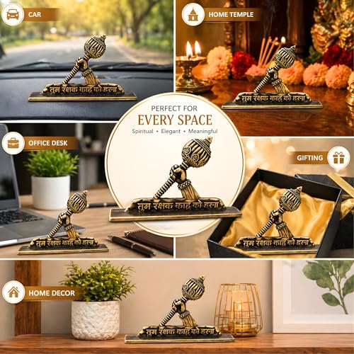 Image of Hanuman Gada Idol for Car Dashboard (Height - 5.5cm)| Bajrangbali /Anjaneya with inchTum Rakshak Kahu Ko Darna inch Quote | Gold Plated Vastu Protection Showpiece & Spiritual Gift (Antique Brass)
