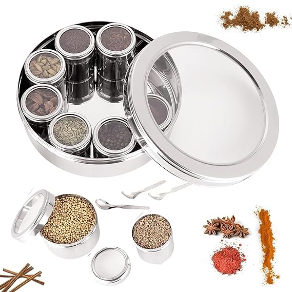 VOMI 9 in 1 Spice Box Stainless Steel stylish Extra Large | Masala Box for Kitchen Steel | Masala Dabba Steel | | See through lid 9 containers, 1 Spoons(22.5cms) Silver