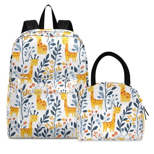 Backpack Lunch Bag Set Cartoon Giraffe Print, Big Storage Travel Backpacks with Insulated Lunch Box for Office Hiking Picnic