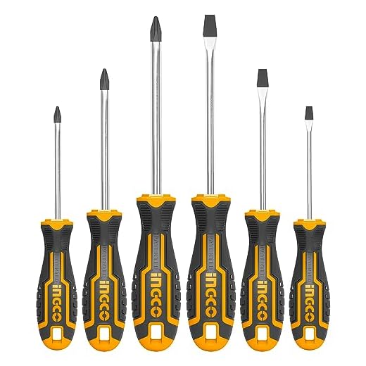 INGCO Juego de 6 Herramientas Para Destornillador con Mango Ergonómico, Planos y PH, Magnética Potente, Varilla de Acero CRV HKSD0628