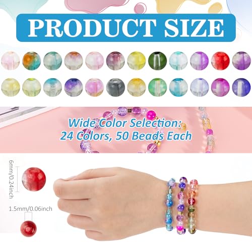 Image of XSEINO 24 Colors 1200PCS Transparent Gradient Glass Beads Kit 6mm DIY Craft Glass Beads, Fit for Bracelets, Jewelry Making, Necklace