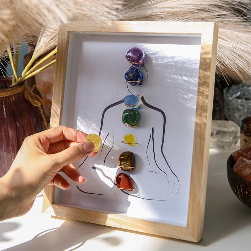 MYDAYS&DESIGN 7 Chakras Healing Crystal Stones Frame, for Home Decor, Office Desk Decor, Reiki Meditation Yoga, Positive Energy, Good Luck Birthday Gifts for Women, Mom